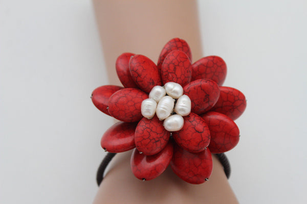 Baby Blue / White + Red / Red + White Cuff Band Bracelet Beads Flower Charm Elastic New Women Fashion Jewelry Accessories - alwaystyle4you - 3