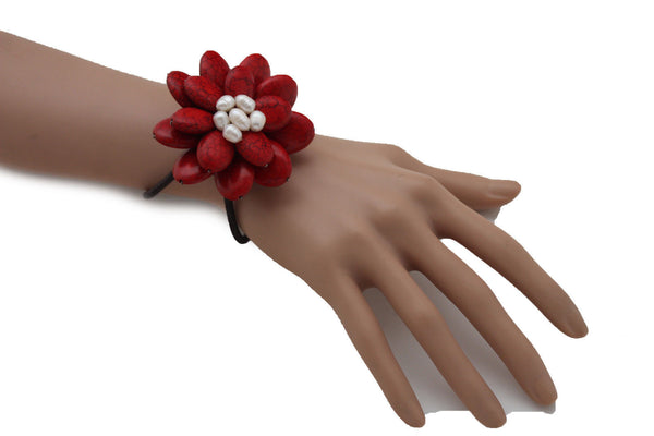Baby Blue / White + Red / Red + White Cuff Band Bracelet Beads Flower Charm Elastic New Women Fashion Jewelry Accessories - alwaystyle4you - 26