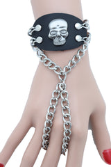 Women Men Bracelet Silver Metal Hand Chain Skull Charm Biker One Size