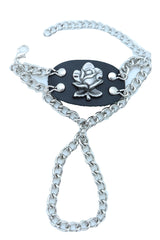 Rose Charm Faux Leather & Silver Metal Hand Chain