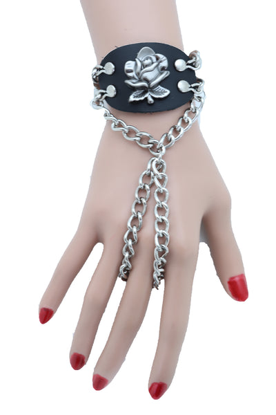 Women Bracelet Silver Metal Hand Chain Rose Flower Charm Biker Fashion Jewelry Punk Rock Style