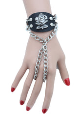 Women Bracelet Silver Metal Hand Chain Rose Flower Charm Biker One Size Adjustable
