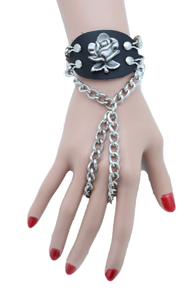 Brand New Women Bracelet Silver Metal Hand Chain Rose Flower Charm Biker Fashion Jewelry