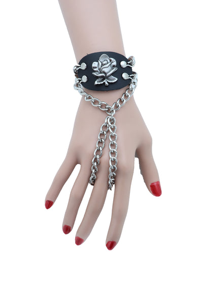 Women Bracelet Silver Metal Hand Chain Rose Flower Charm Biker Fashion Jewelry Punk Rock Style