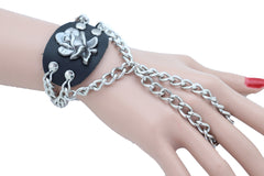 Bracelet Silver Metal Hand Chain Rose Flower Charm Biker
