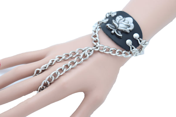 Women Bracelet Silver Metal Hand Chain Rose Flower Charm Biker Fashion Jewelry Punk Rock Style
