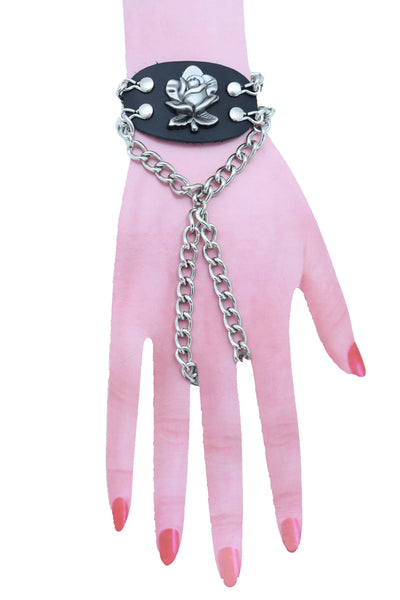 Women Bracelet Silver Metal Hand Chain Rose Flower Charm Biker Fashion Jewelry Punk Rock Style