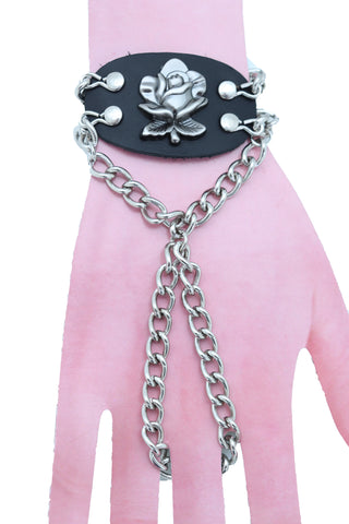Women Bracelet Silver Metal Hand Chain Rose Flower Charm Biker Fashion Jewelry Punk Rock Style