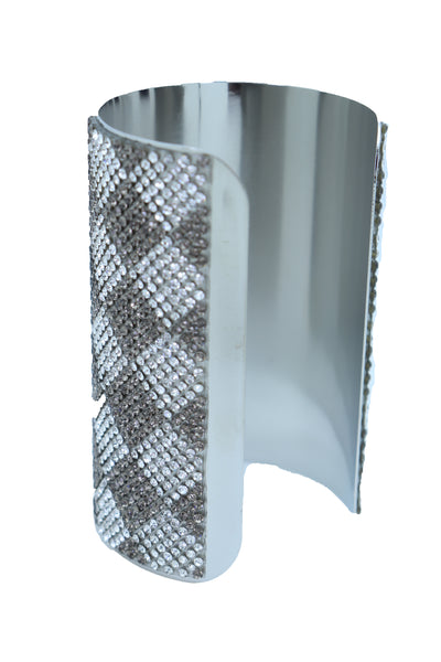 Women Long Cuff Bracelet Silver Metal Geometric Square Bling Fashion Jewelry One Size
