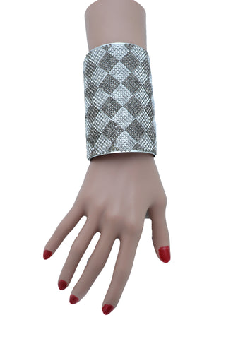 Women Long Cuff Bracelet Silver Metal Geometric Square Bling Fashion Jewelry One Size