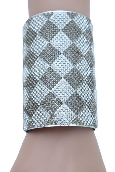 Women Long Cuff Bracelet Silver Metal Geometric Square Bling Fashion Jewelry One Size