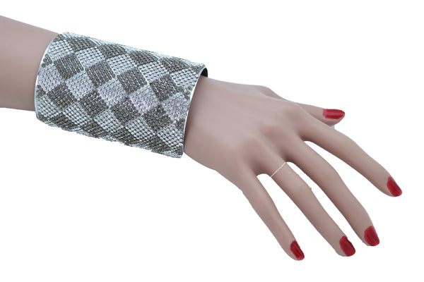 Women Long Cuff Bracelet Silver Metal Geometric Square Bling Fashion Jewelry One Size