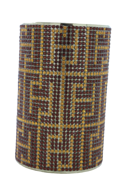 Women Long Cuff Bracelet Gold Metal Geometric Brown Bling Collection Jewelry One Size Fits All