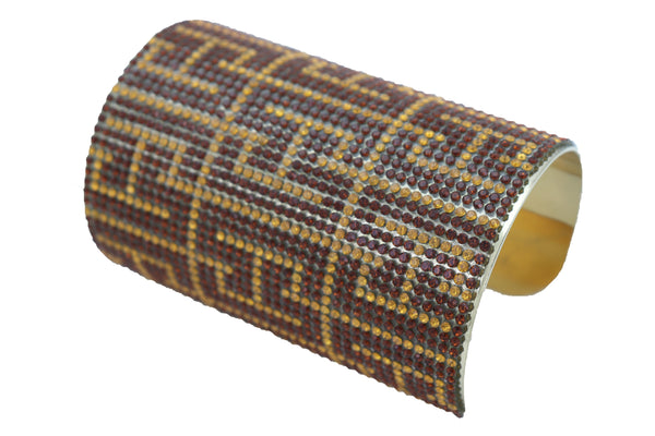 Women Long Cuff Bracelet Gold Metal Geometric Brown Bling Collection Jewelry One Size Fits All