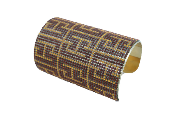 Women Long Cuff Bracelet Gold Metal Geometric Brown Bling Collection Jewelry One Size Fits All