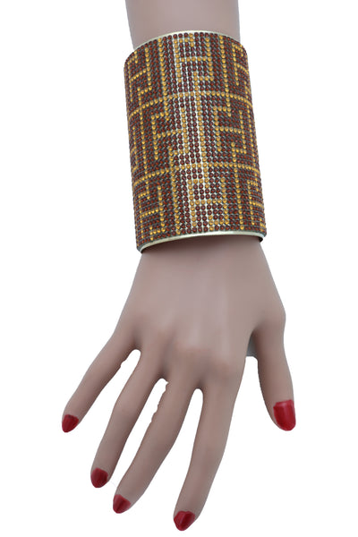 Women Long Cuff Bracelet Gold Metal Geometric Brown Bling Collection Jewelry One Size Fits All