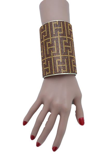 Women Long Cuff Bracelet Gold Metal Geometric Brown Bling Collection Jewelry One Size Fits All