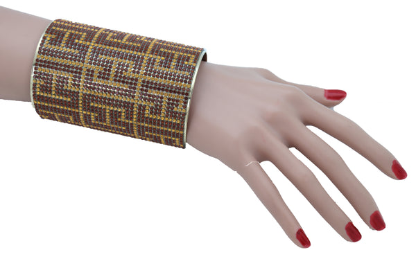 Women Long Cuff Bracelet Gold Metal Geometric Brown Bling Collection Jewelry One Size Fits All