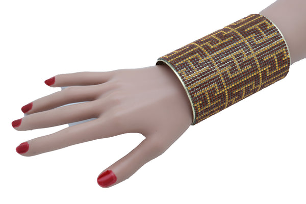 Women Long Cuff Bracelet Gold Metal Geometric Brown Bling Collection Jewelry One Size Fits All