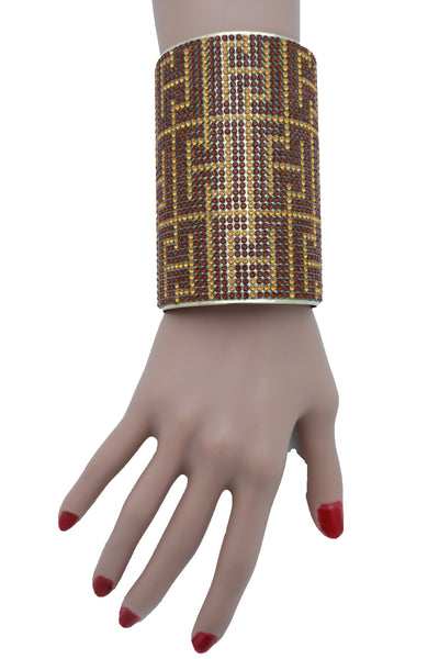 Women Long Cuff Bracelet Gold Metal Geometric Brown Bling Collection Jewelry One Size Fits All