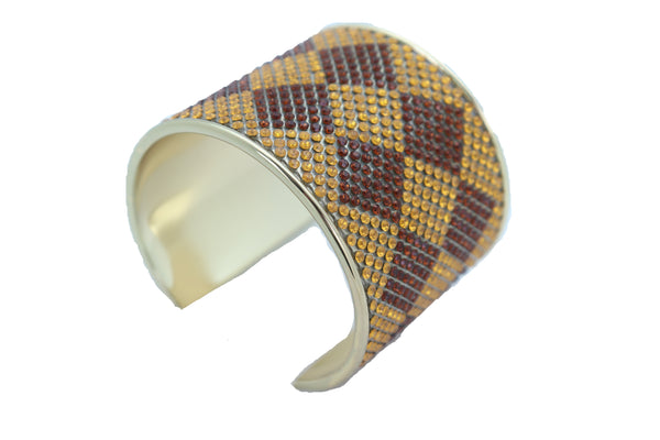 Brand New Women Wide Cuff Bracelet Fashion Gold Metal Brown Square Shape Geometric Urban