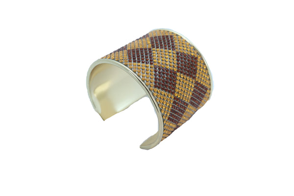 Brand New Women Wide Cuff Bracelet Fashion Gold Metal Brown Square Shape Geometric Urban
