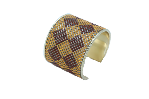 Brand New Women Wide Cuff Bracelet Fashion Gold Metal Brown Square Shape Geometric Urban