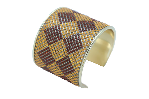 Brand New Women Wide Cuff Bracelet Fashion Gold Metal Brown Square Shape Geometric Urban