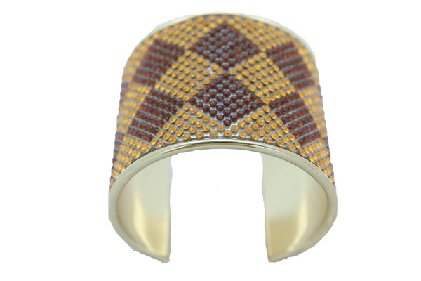 Brand New Women Wide Cuff Bracelet Fashion Gold Metal Brown Square Shape Geometric Urban