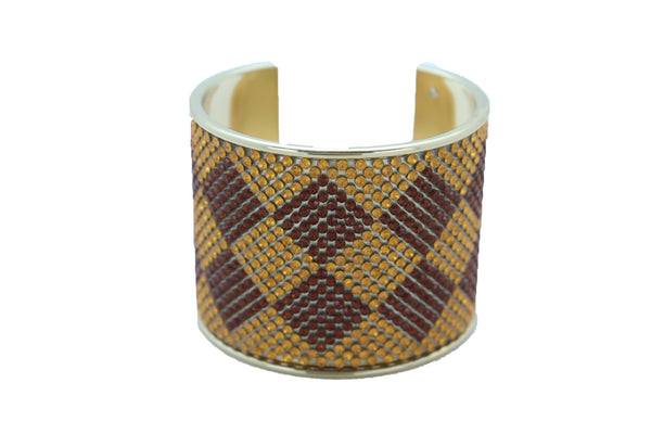 Brand New Women Wide Cuff Bracelet Fashion Gold Metal Brown Square Shape Geometric Urban