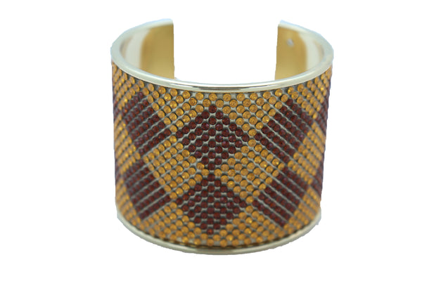 Brand New Women Wide Cuff Bracelet Fashion Gold Metal Brown Square Shape Geometric Urban