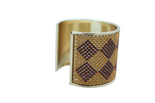 Brand New Women Wide Cuff Bracelet Fashion Gold Metal Brown Square Shape Geometric Urban