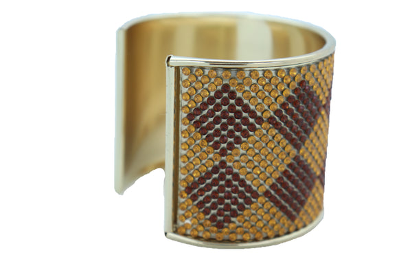 Brand New Women Wide Cuff Bracelet Fashion Gold Metal Brown Square Shape Geometric Urban