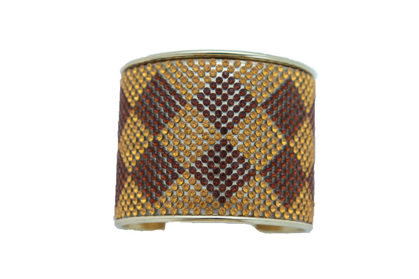 Brand New Women Wide Cuff Bracelet Fashion Gold Metal Brown Square Shape Geometric Urban