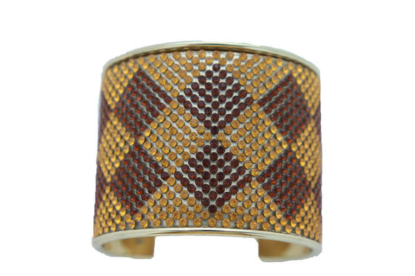 Brand New Women Wide Cuff Bracelet Fashion Gold Metal Brown Square Shape Geometric Urban