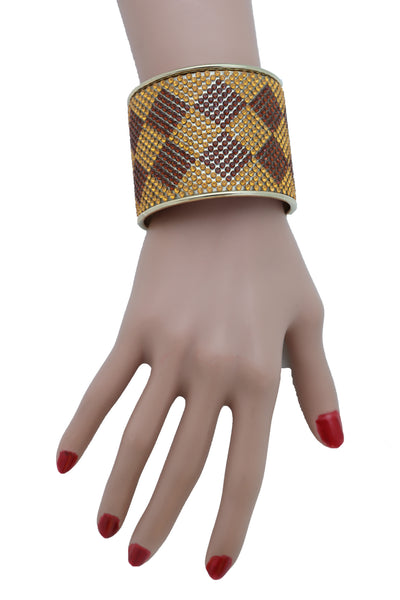 Brand New Women Wide Cuff Bracelet Fashion Gold Metal Brown Square Shape Geometric Urban