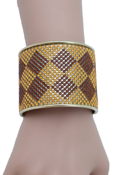 Brand New Women Wide Cuff Bracelet Fashion Gold Metal Brown Square Shape Geometric Urban