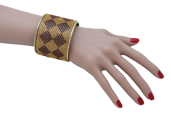 Brand New Women Wide Cuff Bracelet Fashion Gold Metal Brown Square Shape Geometric Urban