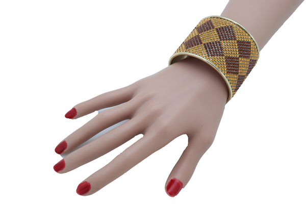 Brand New Women Wide Cuff Bracelet Fashion Gold Metal Brown Square Shape Geometric Urban