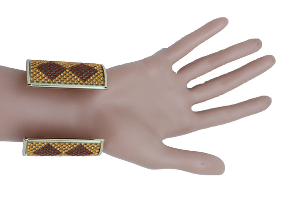 Brand New Women Wide Cuff Bracelet Fashion Gold Metal Brown Square Shape Geometric Urban