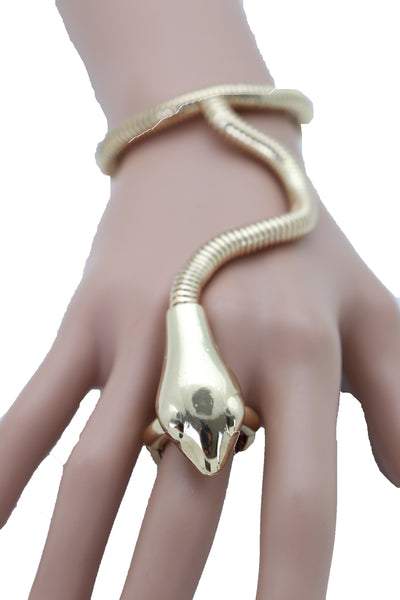 Brand New Women Sexy Look Fashion Bracelet Gold Metal Hand Chain Snake Cobra Slave Ring One Size