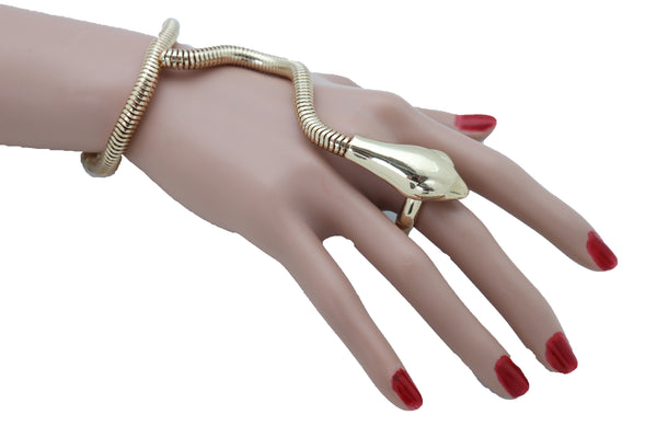 Brand New Women Sexy Look Fashion Bracelet Gold Metal Hand Chain Snake Cobra Slave Ring One Size
