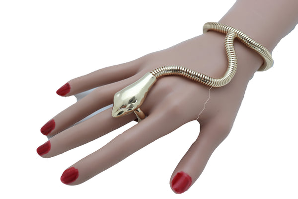 Brand New Women Sexy Look Fashion Bracelet Gold Metal Hand Chain Snake Cobra Slave Ring One Size