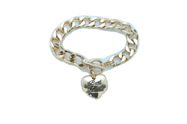 Women Bangle Bracelet Gold Metal Chain Heart Charm Fashion Jewelry Best Friend Love