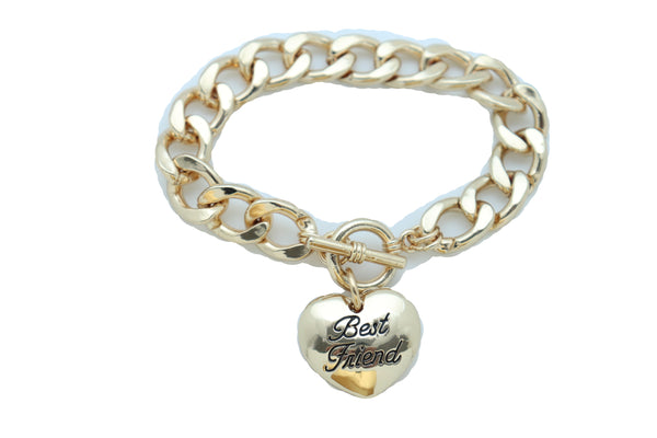 Women Bangle Bracelet Gold Metal Chain Heart Charm Fashion Jewelry Best Friend Love