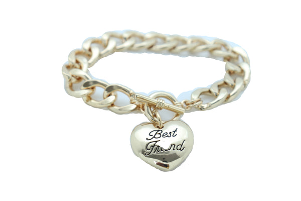 Women Bangle Bracelet Gold Metal Chain Heart Charm Fashion Jewelry Best Friend Love