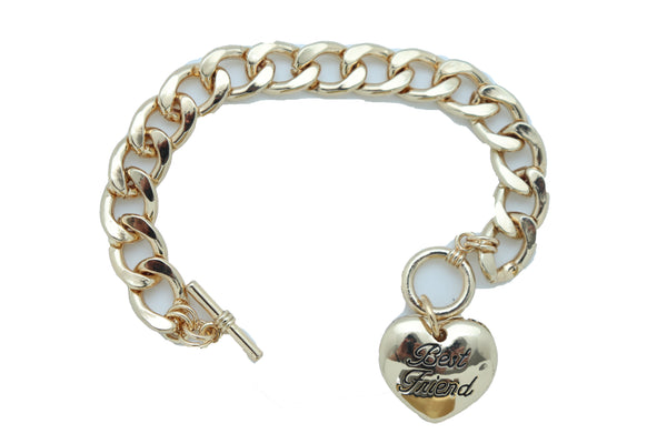 Women Bangle Bracelet Gold Metal Chain Heart Charm Fashion Jewelry Best Friend Love