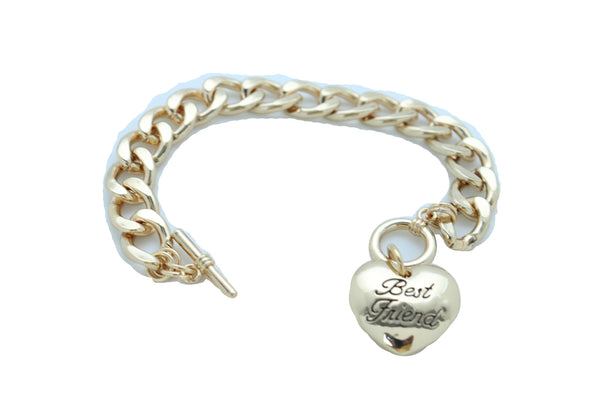 Women Bangle Bracelet Gold Metal Chain Heart Charm Fashion Jewelry Best Friend Love