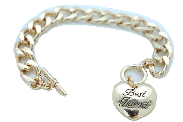 Women Bangle Bracelet Gold Metal Chain Heart Charm Fashion Jewelry Best Friend Love