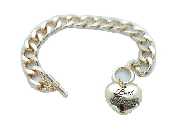 Women Bangle Bracelet Gold Metal Chain Heart Charm Fashion Jewelry Best Friend Love